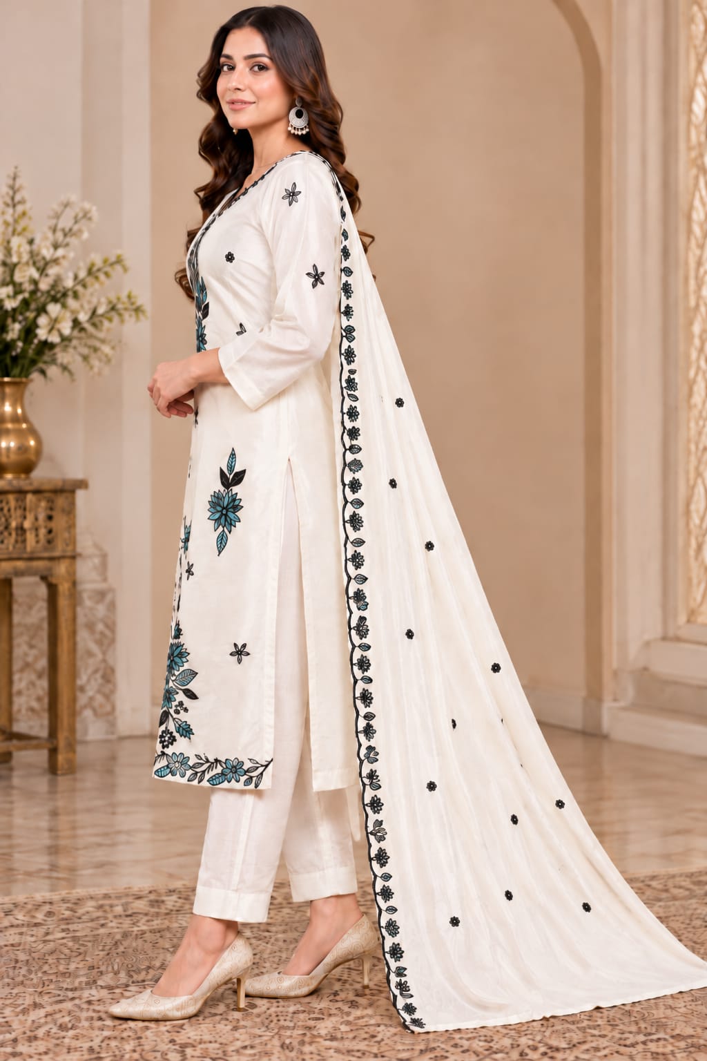 Women’s Ivory White Floral Embroidered Readymade Suit Set with Matching Pants & Black-Turquoise Floral Border Dupatta | Designer Salwar Suit for Women