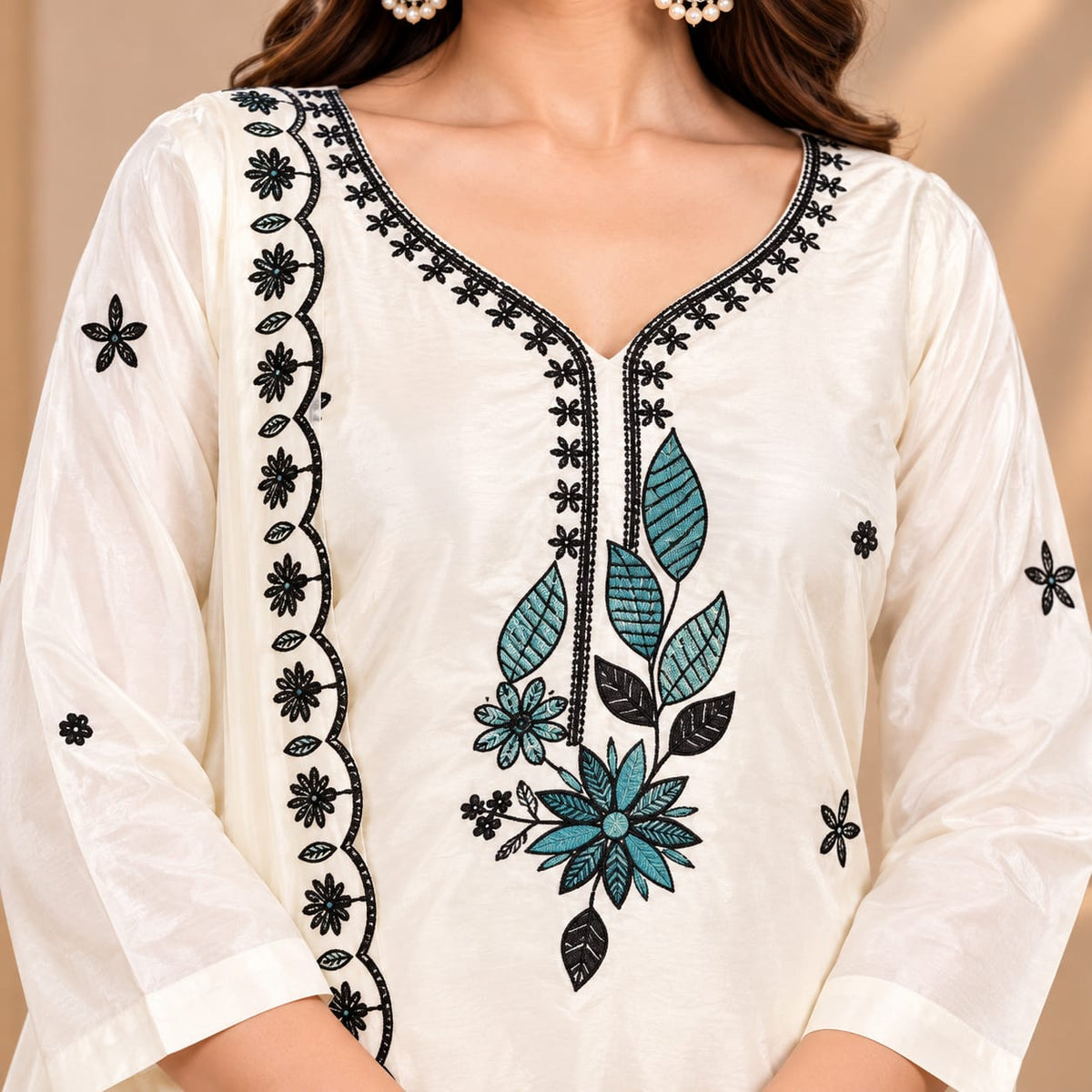 Women’s Ivory White Floral Embroidered Readymade Suit Set with Matching Pants & Black-Turquoise Floral Border Dupatta | Designer Salwar Suit for Women