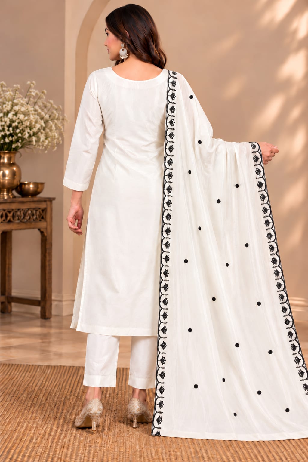 Women’s Ivory White Floral Embroidered Readymade Suit Set with Matching Pants & Black-Turquoise Floral Border Dupatta | Designer Salwar Suit for Women