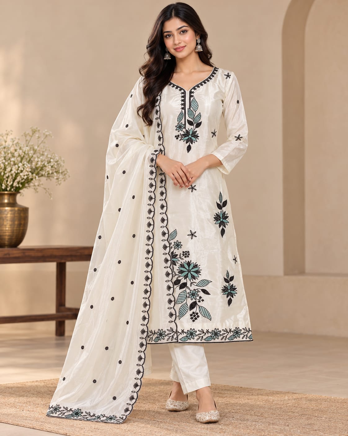 Women’s Ivory White Floral Embroidered Readymade Suit Set with Matching Pants & Black-Turquoise Floral Border Dupatta | Designer Salwar Suit for Women