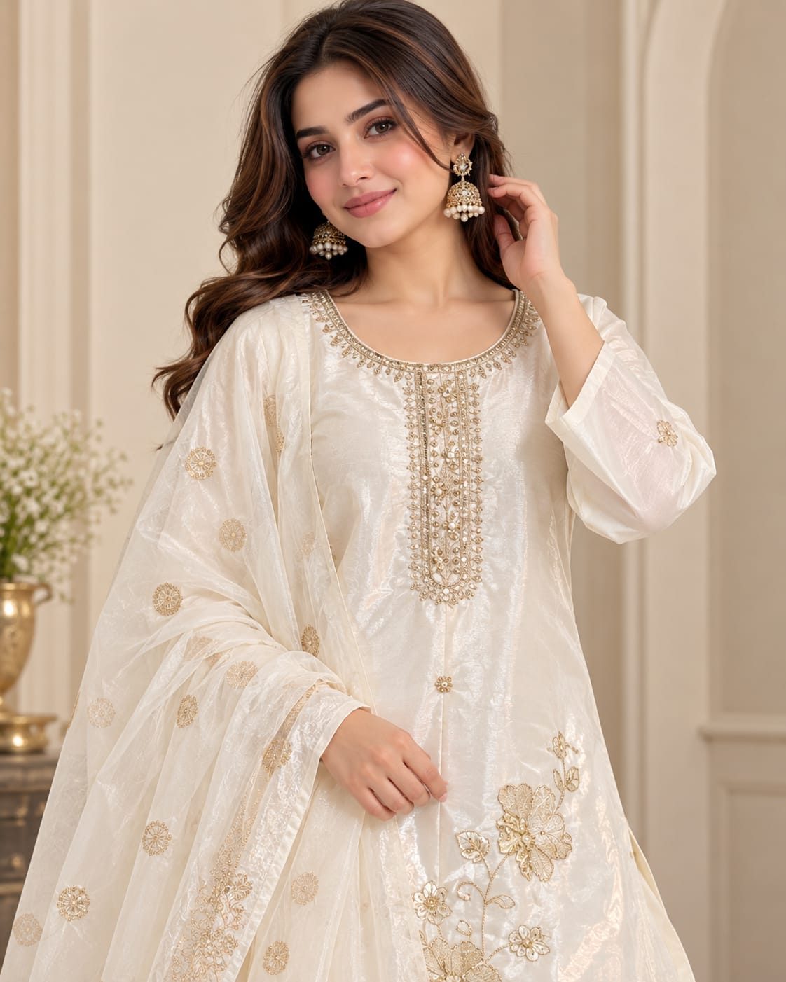 Women’s Ivory White Shimmer Silk Readymade Suit Set with Golden Floral Embroidery & Embellished Dupatta | Designer Salwar Suit for Women