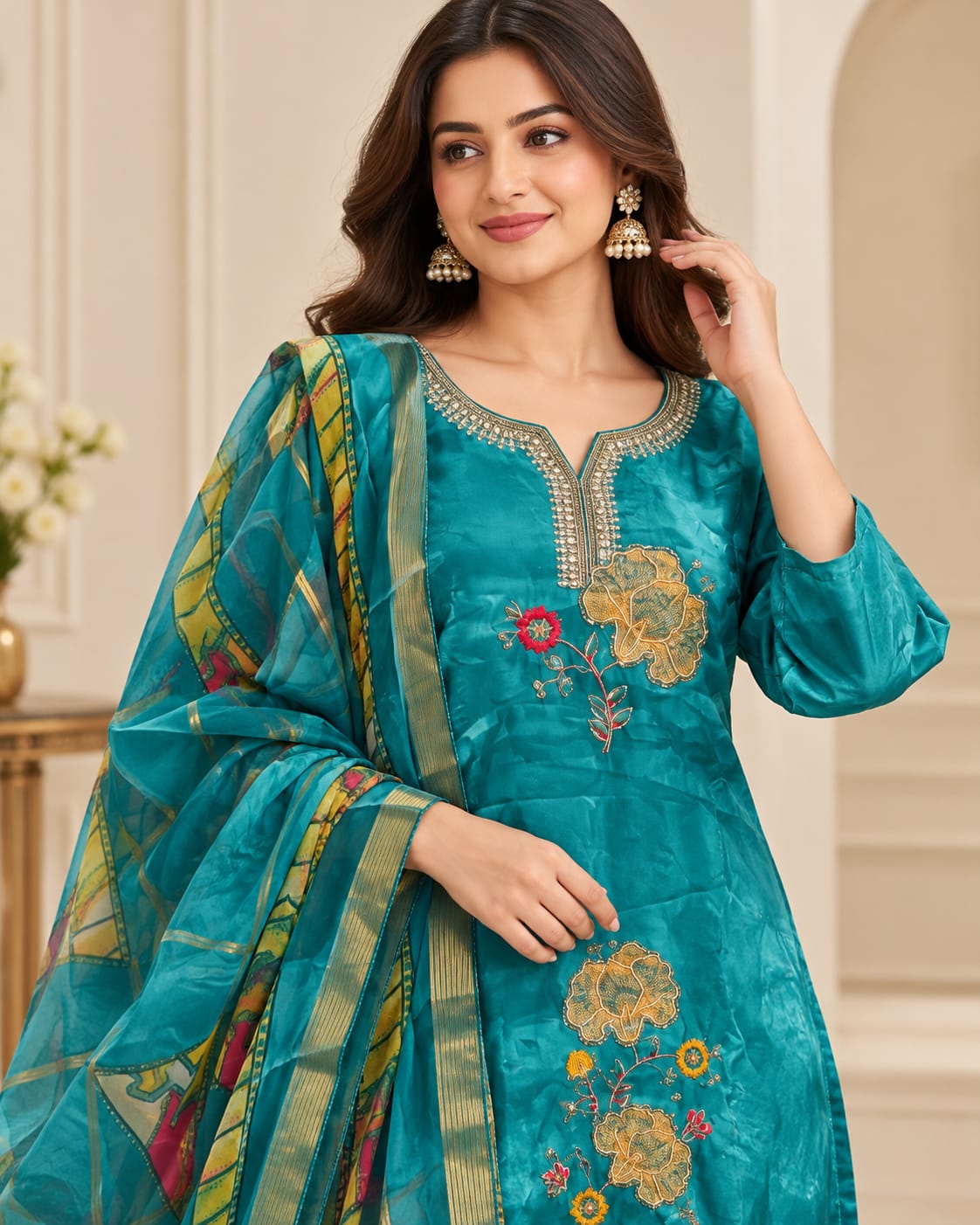 Women’s Teal Blue Embroidered Readymade Suit Set with Multicolor Floral Work & Printed Dupatta | Designer Salwar Suit for Women