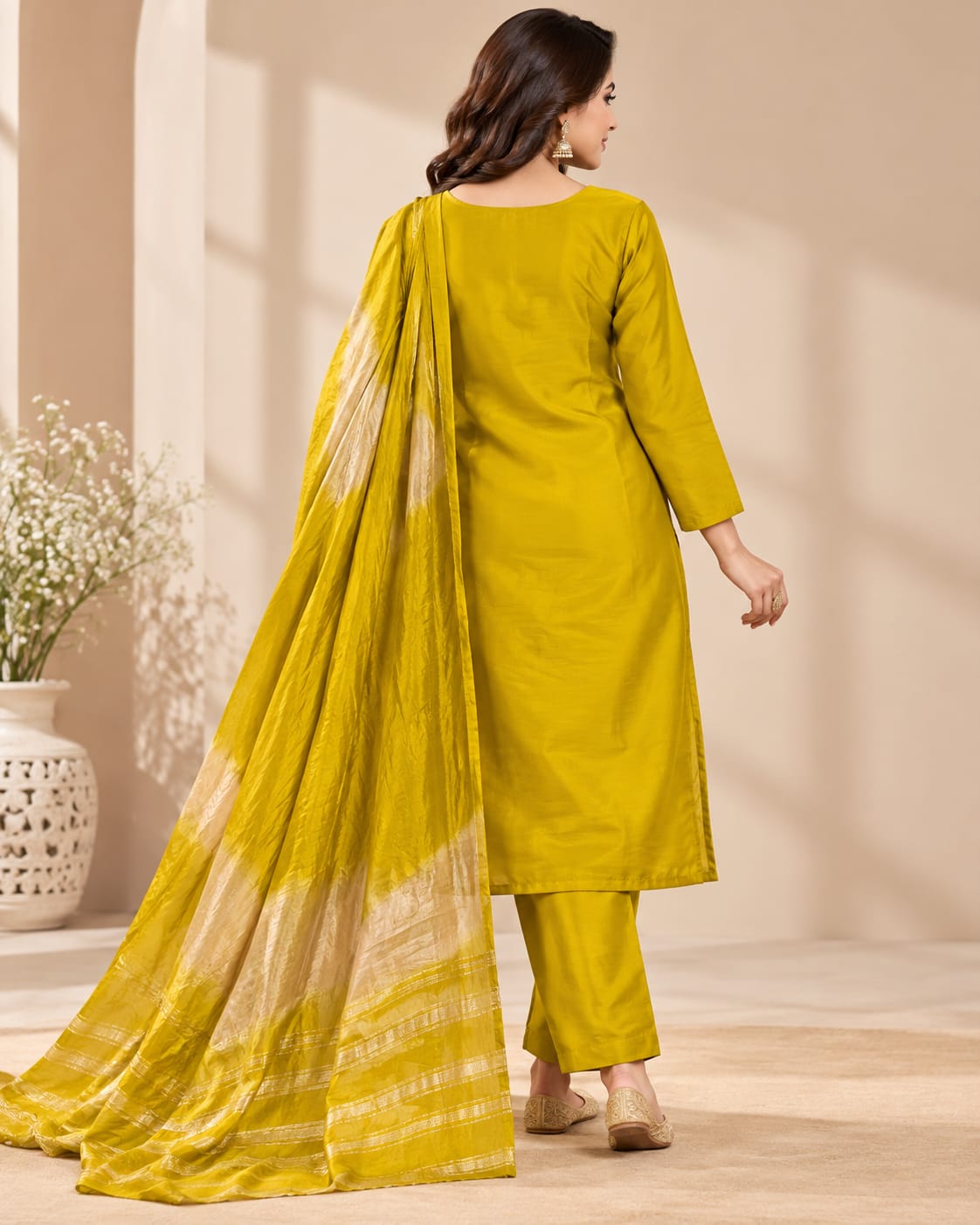 Women’s Mustard Yellow Floral Embroidered Readymade Suit Set with Matching Pants & Golden Border Dupatta | Designer Ethnic Wear for Women