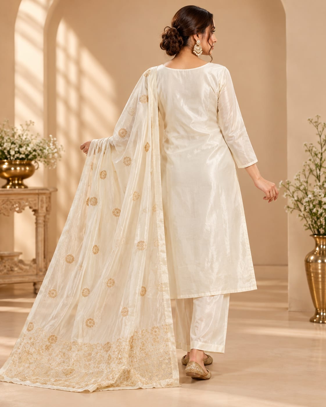 Women’s Ivory White Shimmer Silk Readymade Suit Set with Golden Floral Embroidery & Embellished Dupatta | Designer Salwar Suit for Women