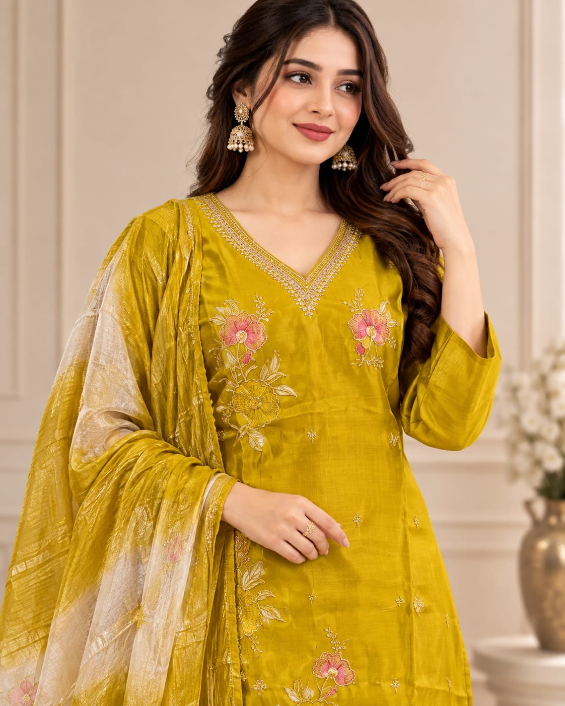 Women’s Mustard Yellow Floral Embroidered Readymade Suit Set with Matching Pants & Golden Border Dupatta | Designer Ethnic Wear for Women