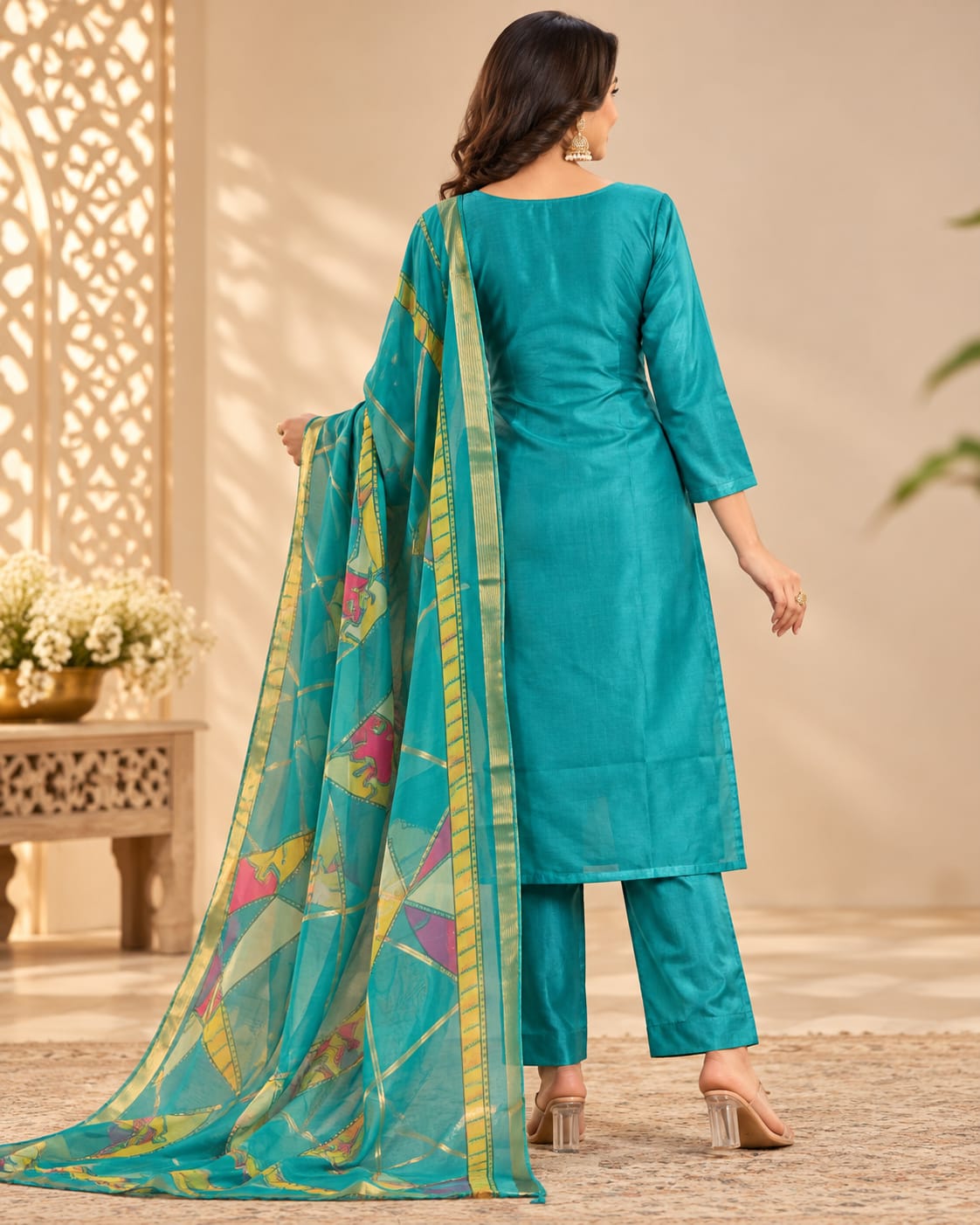 Women’s Teal Blue Embroidered Readymade Suit Set with Multicolor Floral Work & Printed Dupatta | Designer Salwar Suit for Women