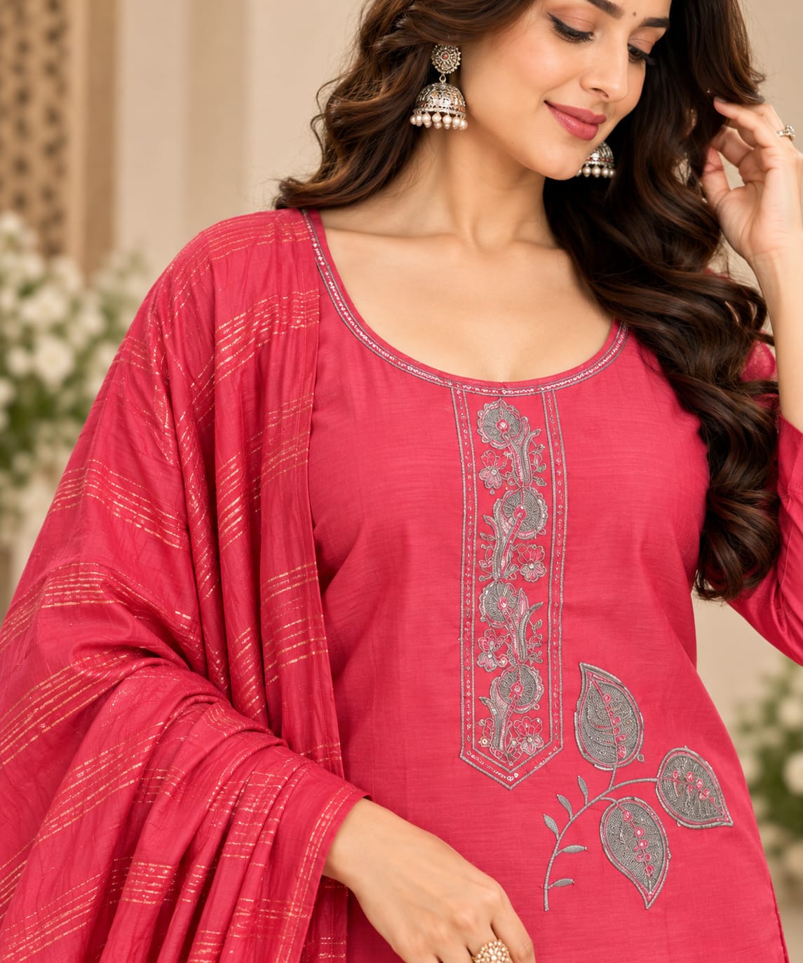 Women’s Rose Pink Floral Embroidered Readymade Suit Set with Matching Pants & Golden Striped Dupatta | Designer Salwar Suit for Women