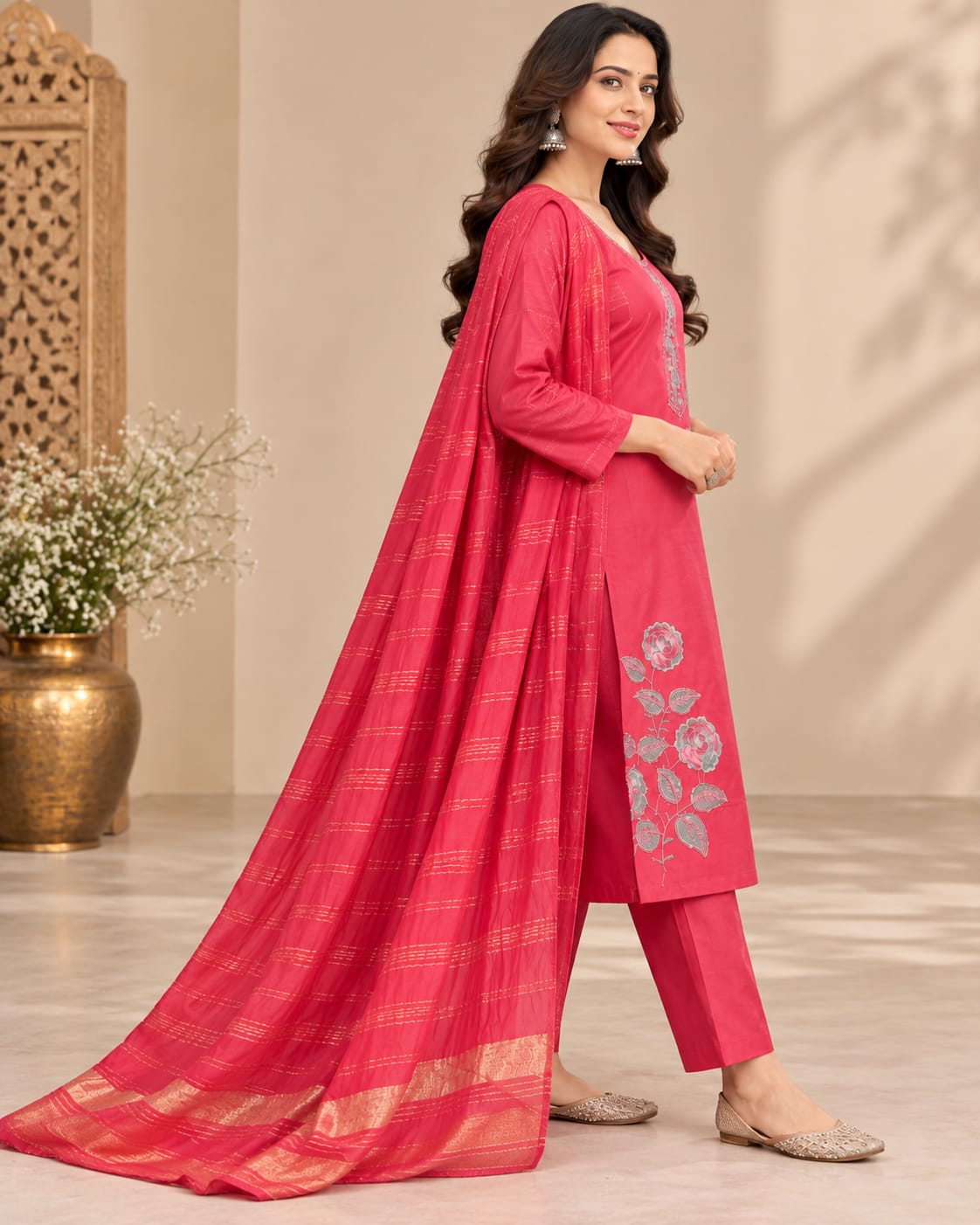 Women’s Rose Pink Floral Embroidered Readymade Suit Set with Matching Pants & Golden Striped Dupatta | Designer Salwar Suit for Women