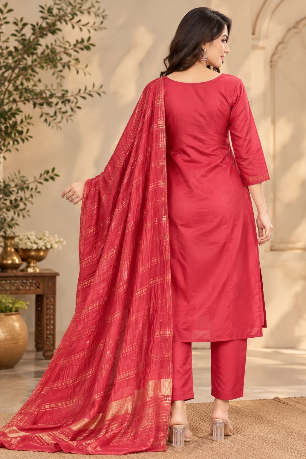 Women’s Rose Pink Floral Embroidered Readymade Suit Set with Matching Pants & Golden Striped Dupatta | Designer Salwar Suit for Women