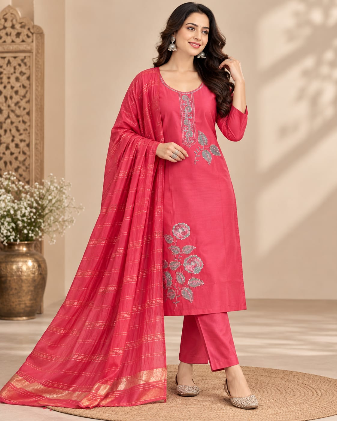 Women’s Rose Pink Floral Embroidered Readymade Suit Set with Matching Pants & Golden Striped Dupatta | Designer Salwar Suit for Women