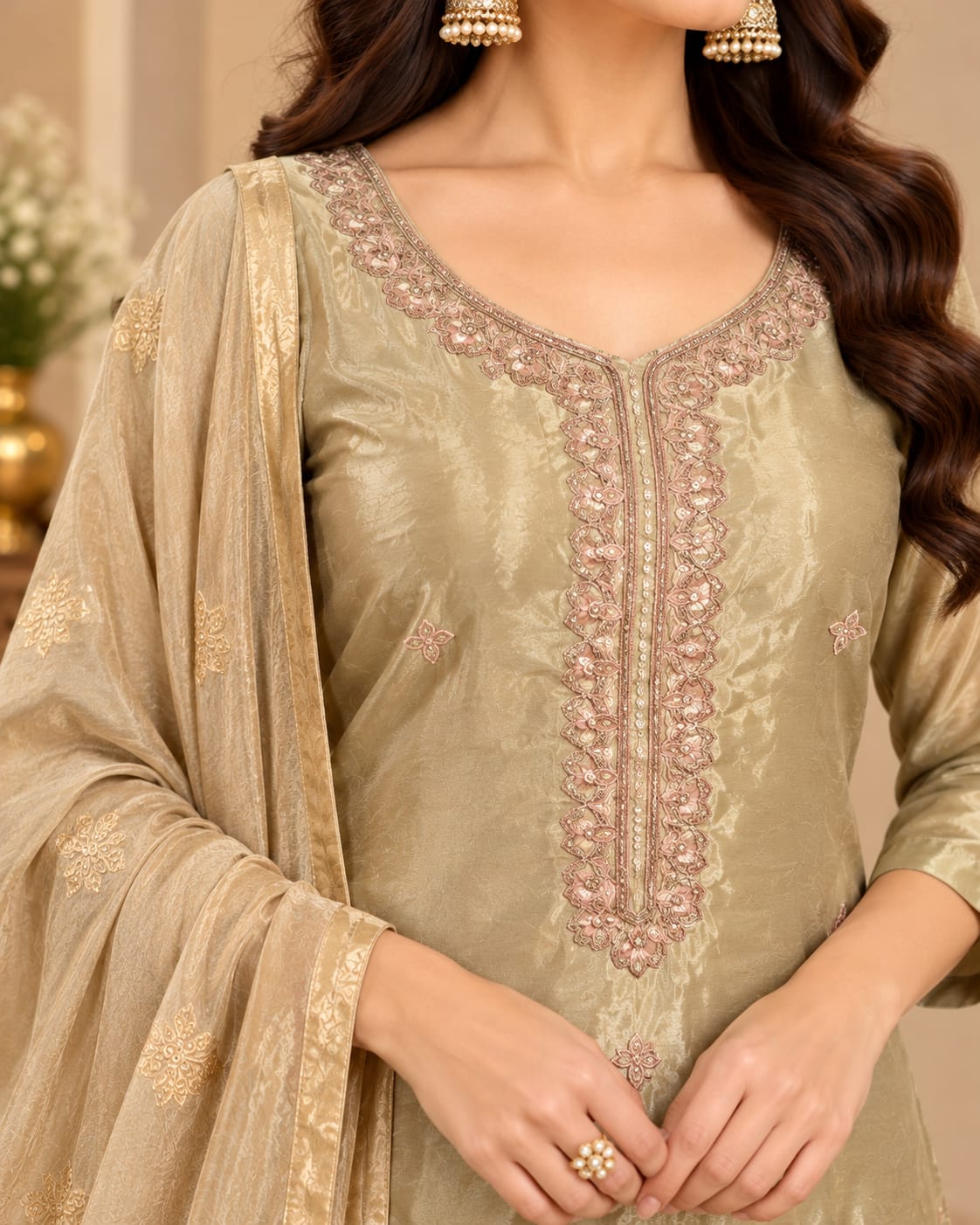 Women’s Champagne Gold Embroidered Readymade Suit Set with Matching Pants & Matching Dupatta | Designer Salwar Suit for Women