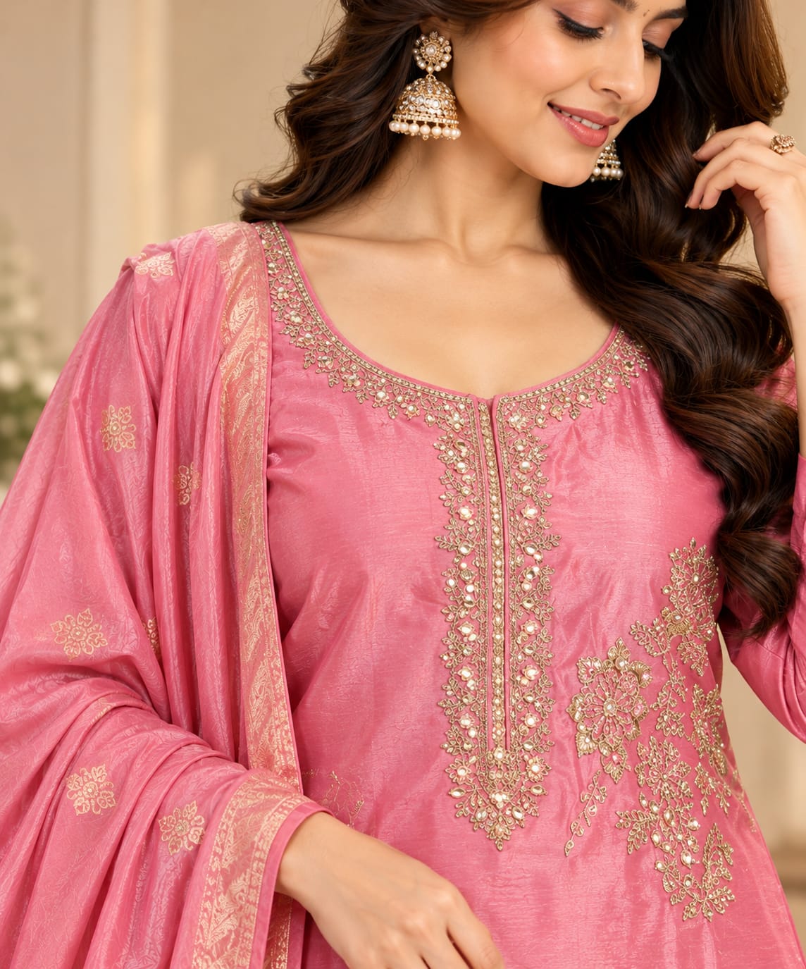 Women’s Rose Pink Embroidered Readymade Suit Set with Matching Pants & Golden Border Dupatta | Designer Salwar Suit for Women