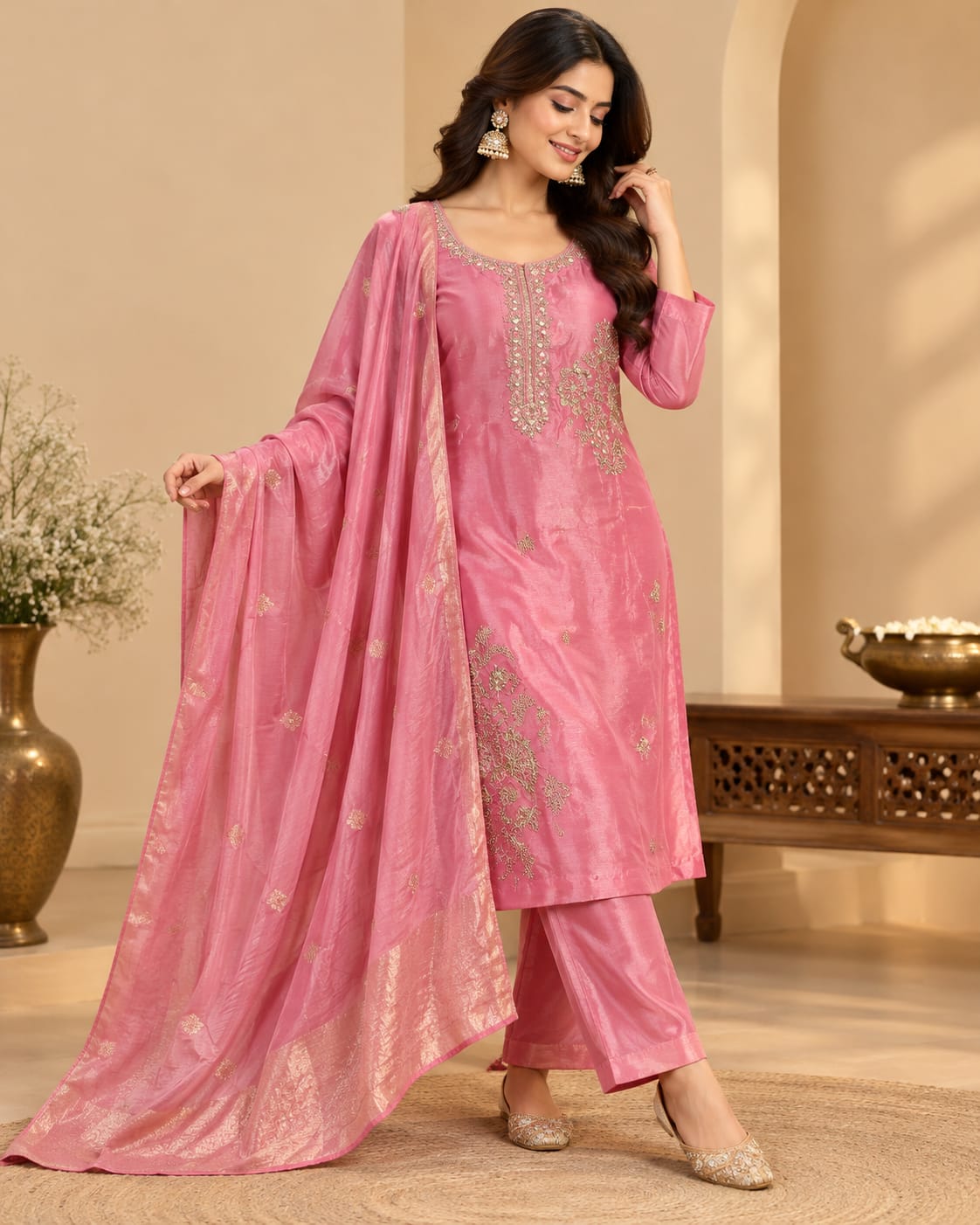 Women’s Rose Pink Embroidered Readymade Suit Set with Matching Pants & Golden Border Dupatta | Designer Salwar Suit for Women