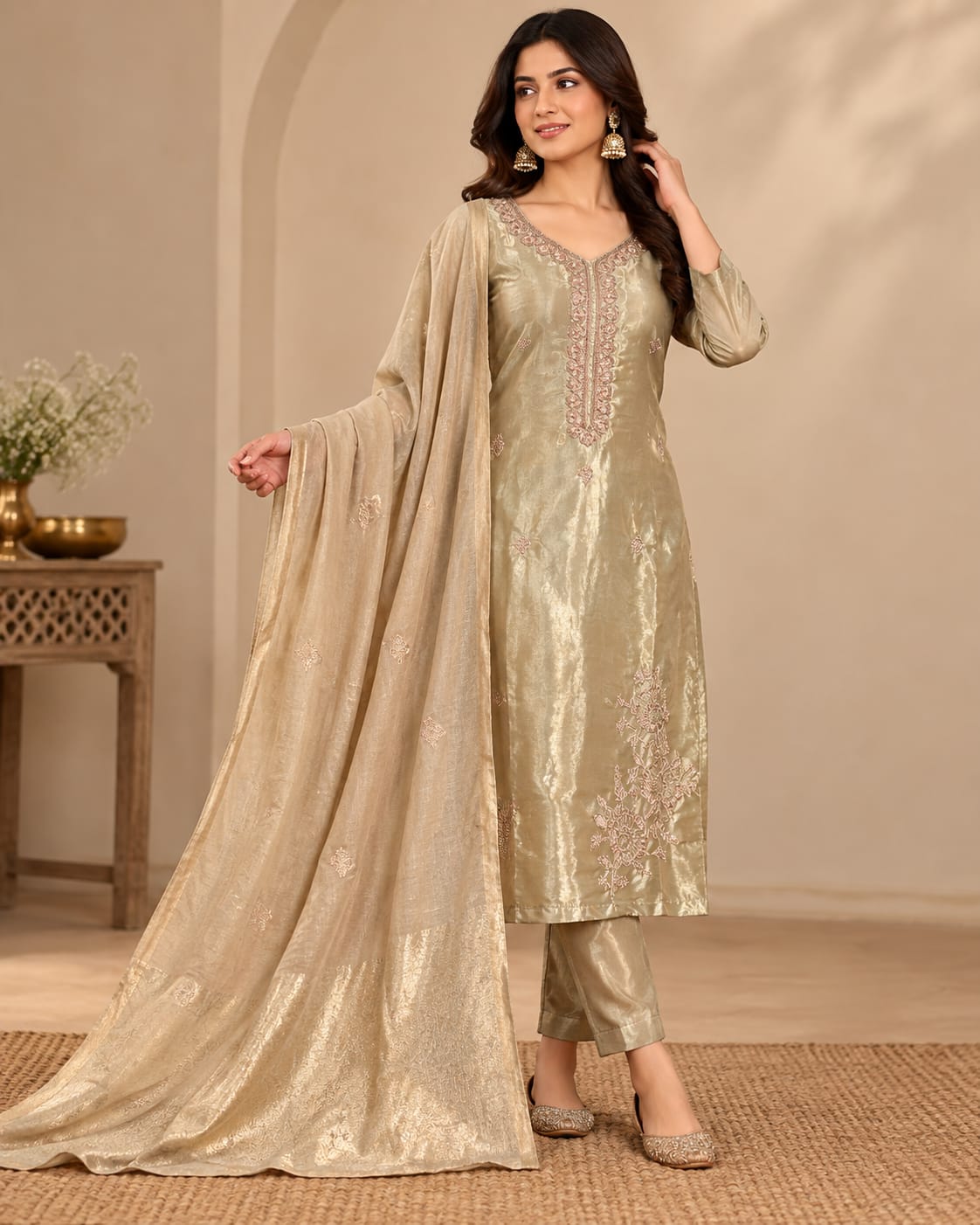 Women’s Champagne Gold Embroidered Readymade Suit Set with Matching Pants & Matching Dupatta | Designer Salwar Suit for Women