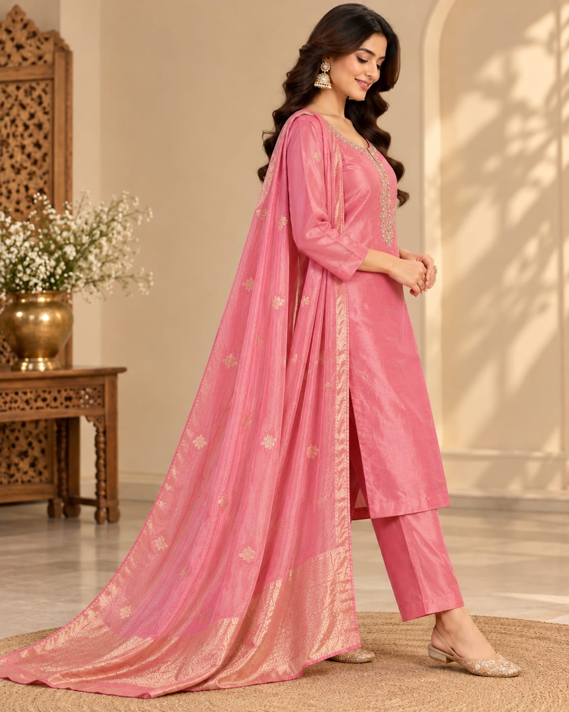 Women’s Rose Pink Embroidered Readymade Suit Set with Matching Pants & Golden Border Dupatta | Designer Salwar Suit for Women