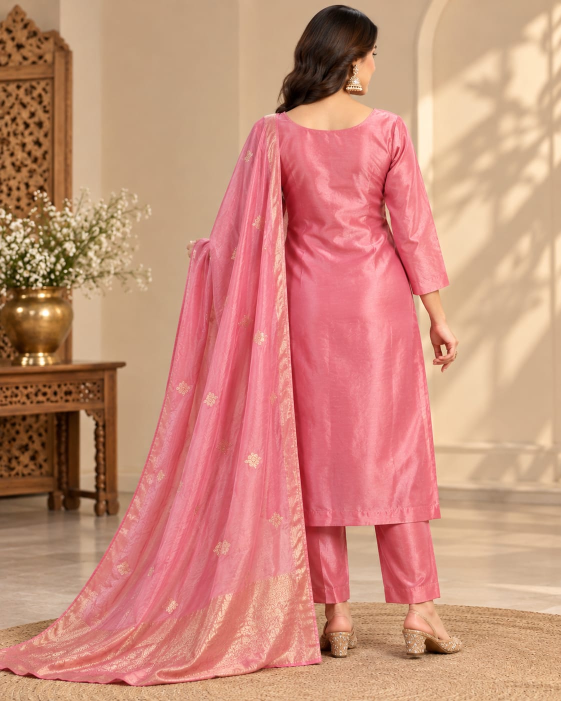Women’s Rose Pink Embroidered Readymade Suit Set with Matching Pants & Golden Border Dupatta | Designer Salwar Suit for Women