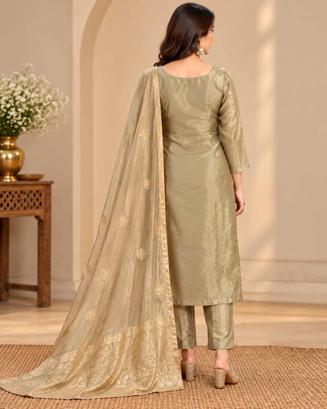 Women’s Champagne Gold Embroidered Readymade Suit Set with Matching Pants & Matching Dupatta | Designer Salwar Suit for Women