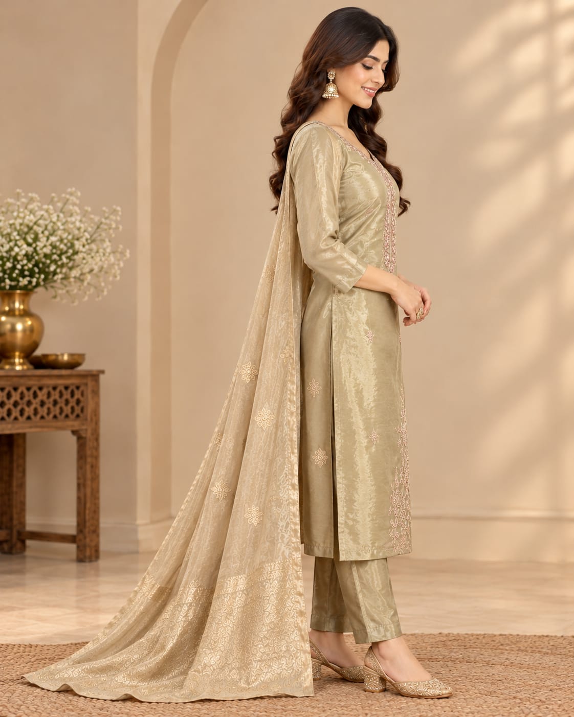 Women’s Champagne Gold Embroidered Readymade Suit Set with Matching Pants & Matching Dupatta | Designer Salwar Suit for Women