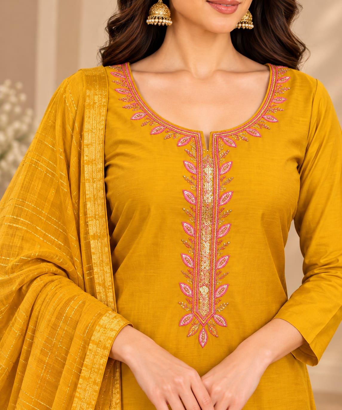 Women’s Mustard Yellow Embroidered Readymade Suit Set with Floral Thread Work, Matching Pants & Golden Striped Dupatta | Designer Salwar Suit for Women
