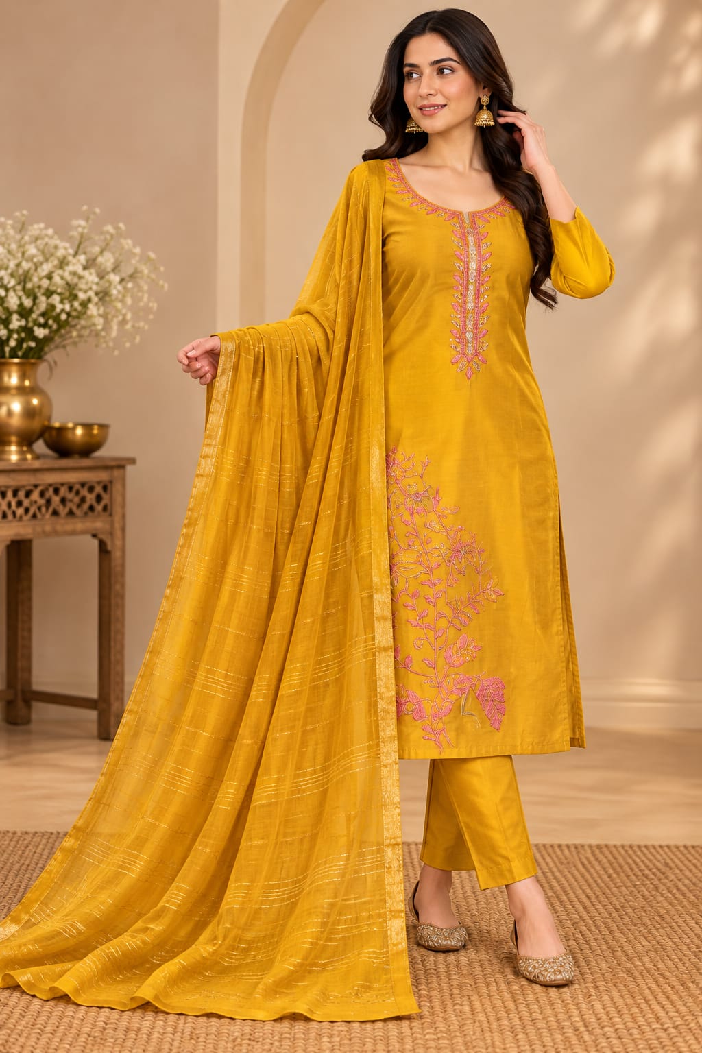 Women’s Mustard Yellow Embroidered Readymade Suit Set with Floral Thread Work, Matching Pants & Golden Striped Dupatta | Designer Salwar Suit for Women