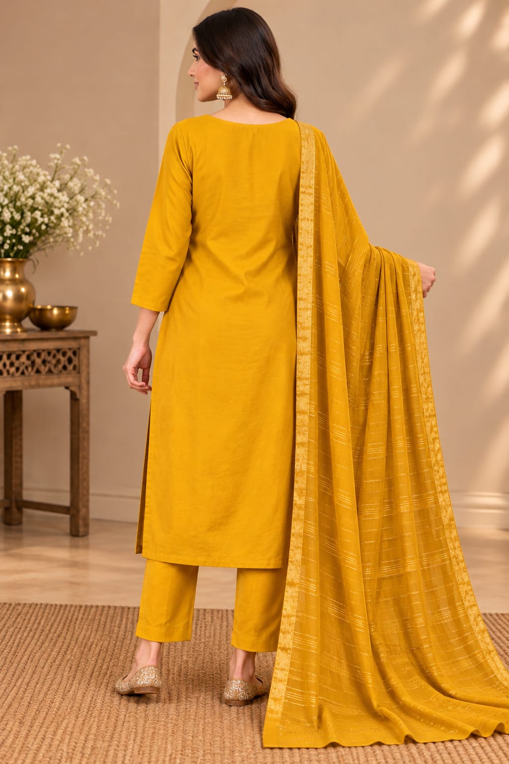 Women’s Mustard Yellow Embroidered Readymade Suit Set with Floral Thread Work, Matching Pants & Golden Striped Dupatta | Designer Salwar Suit for Women