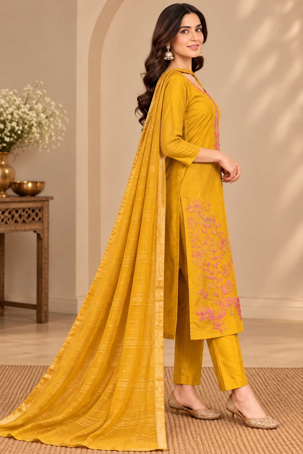 Women’s Mustard Yellow Embroidered Readymade Suit Set with Floral Thread Work, Matching Pants & Golden Striped Dupatta | Designer Salwar Suit for Women