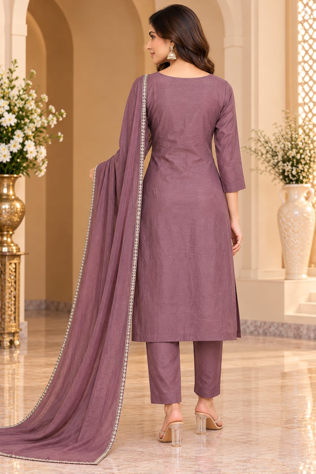 Women’s Dusty Mauve Embroidered Unstitched 3-Piece Suit Fabric with Matching Bottom & Solid Dupatta | Designer Dress Material for Women