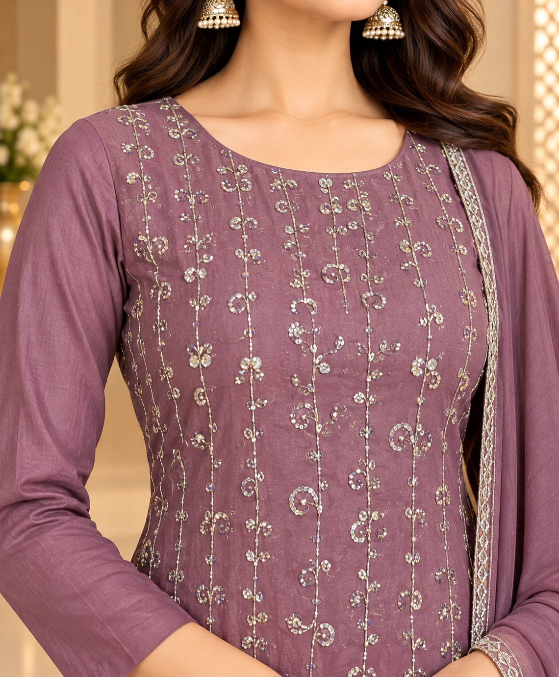 Women’s Dusty Mauve Embroidered Unstitched 3-Piece Suit Fabric with Matching Bottom & Solid Dupatta | Designer Dress Material for Women