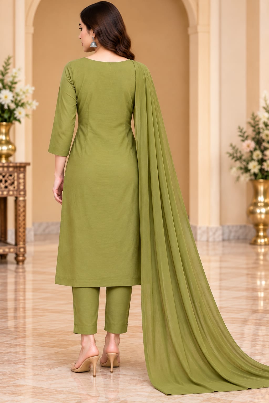Women’s Olive Green Embroidered Unstitched 3-Piece Suit Fabric with Matching Bottom & Solid Dupatta | Designer Dress Material for Women