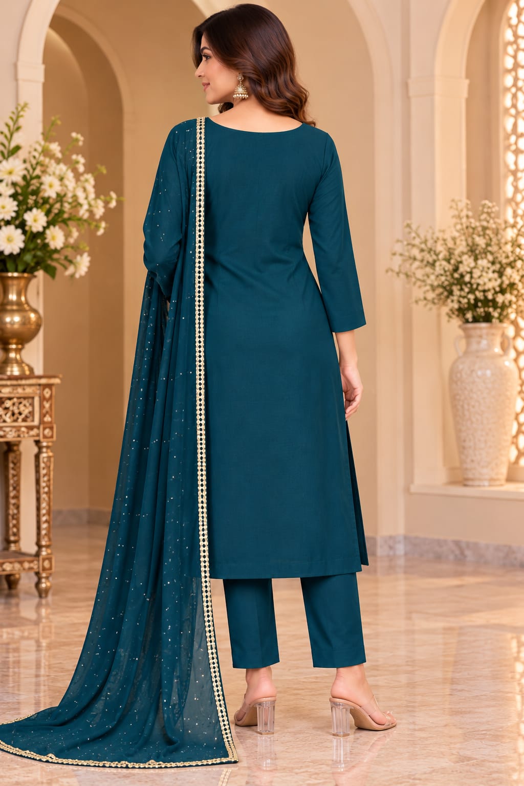 A woman models a traditional Indian salwar kameez suit in deep teal blue, featuring a long kurta with intricate silver and gold floral embroidery, matching trousers, and a long dupatta with a gold border, set against an elegant beige archway background.