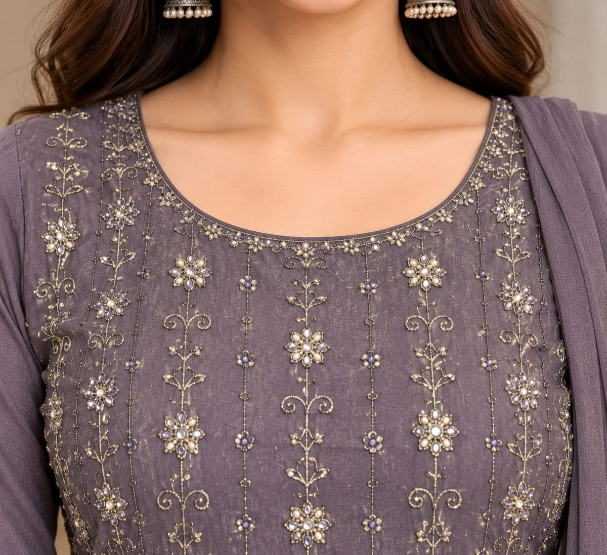 Women’s Greyish Mauve Heavy Embroidered Unstitched 3-Piece Suit Fabric with Matching Bottom & Embellished Border Dupatta | Designer Dress Material for Women