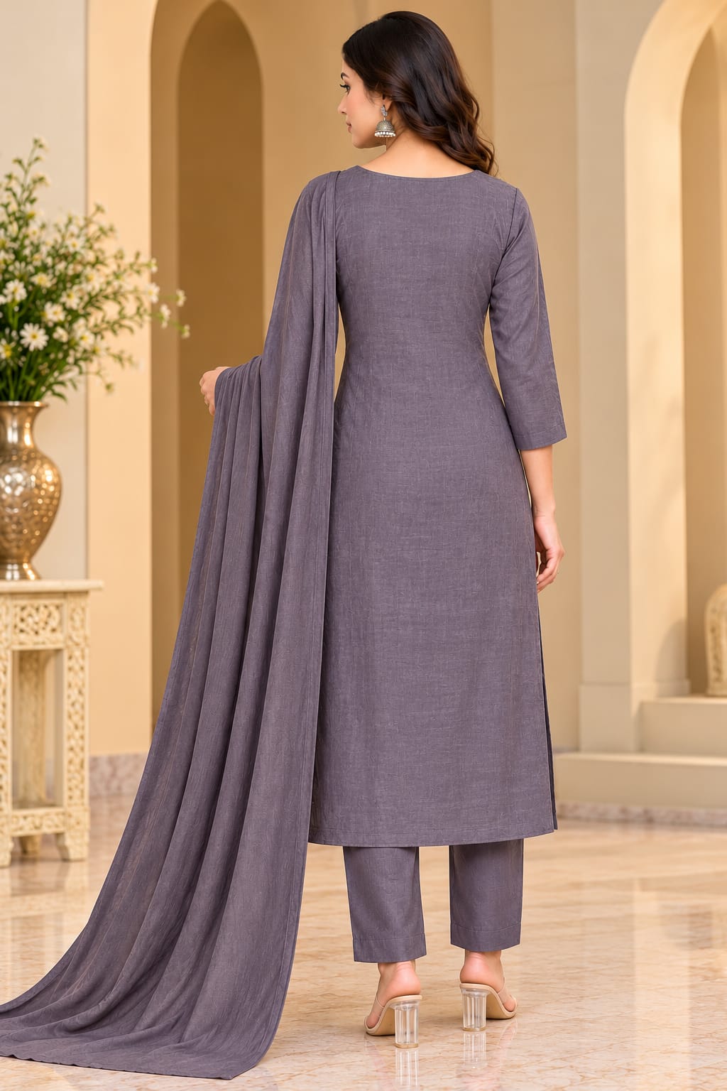 Women’s Greyish Mauve Heavy Embroidered Unstitched 3-Piece Suit Fabric with Matching Bottom & Embellished Border Dupatta | Designer Dress Material for Women