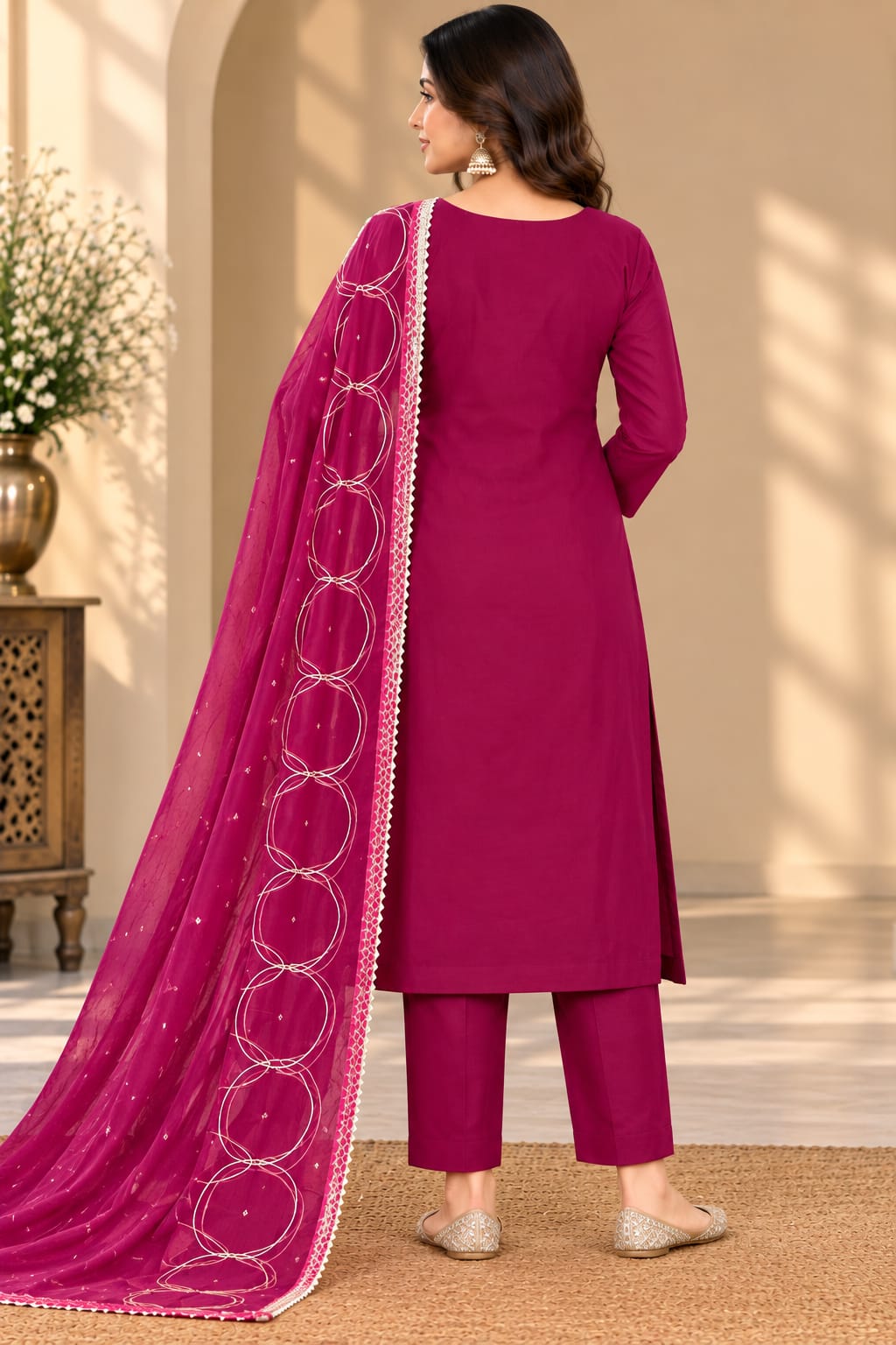 A woman models a traditional Indian salwar kameez suit in a rich magenta-purple color. The set includes a kurta with detailed silver and gold embroidery around the neckline, matching trousers, and a sheer dupatta decorated with silver circular motifs and borders.