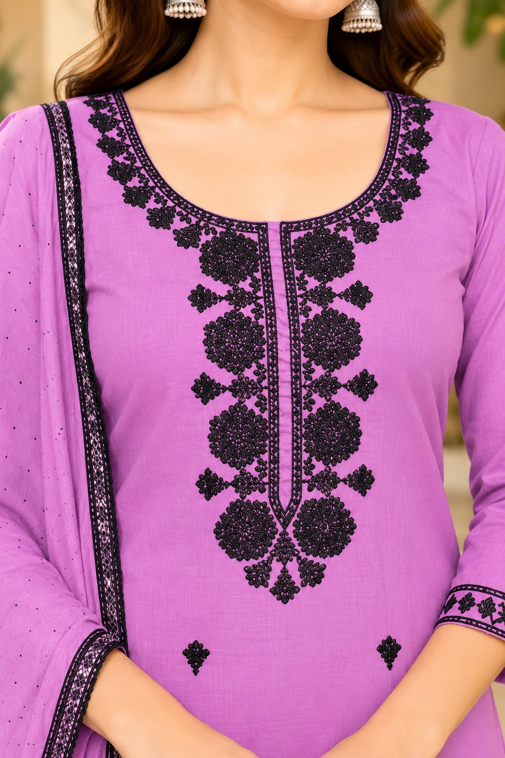 A woman models a lavender purple ethnic salwar kameez set with black embroidery, matching trousers, and a long dupatta, set against an elegant indoor background with beige walls and potted plants.