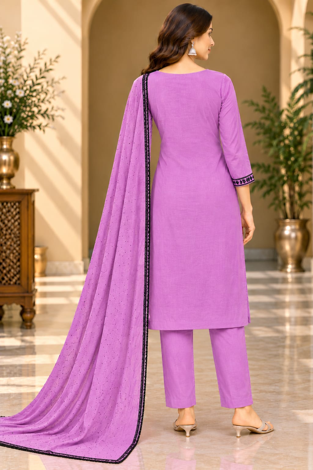 A woman models a lavender purple ethnic salwar kameez set with black embroidery, matching trousers, and a long dupatta, set against an elegant indoor background with beige walls and potted plants.
