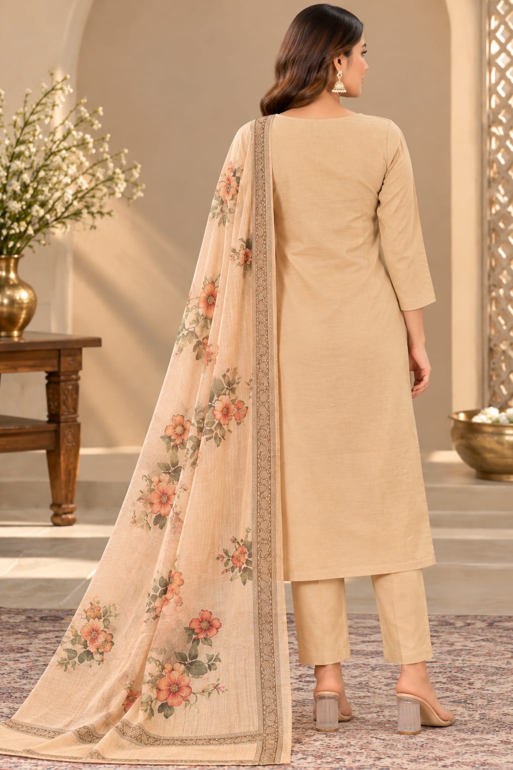 A woman shown from the back wearing a beige three-piece salwar kameez suit with matching trousers and a sheer floral dupatta draped over her shoulder, set in an elegant indoor environment.
