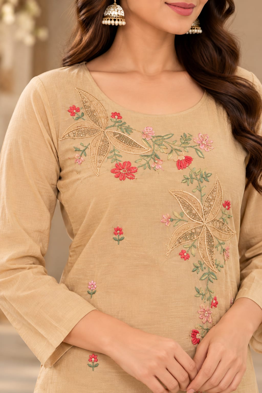 A woman shown from the back wearing a beige three-piece salwar kameez suit with matching trousers and a sheer floral dupatta draped over her shoulder, set in an elegant indoor environment.
