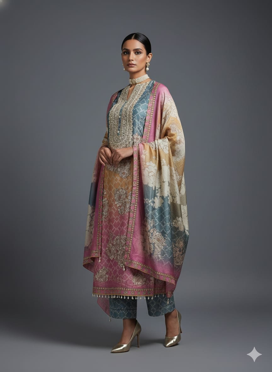 UNSTITCHED 3-PIECE SUIT – SHIMMER MASLIN FESTIVE EDITION