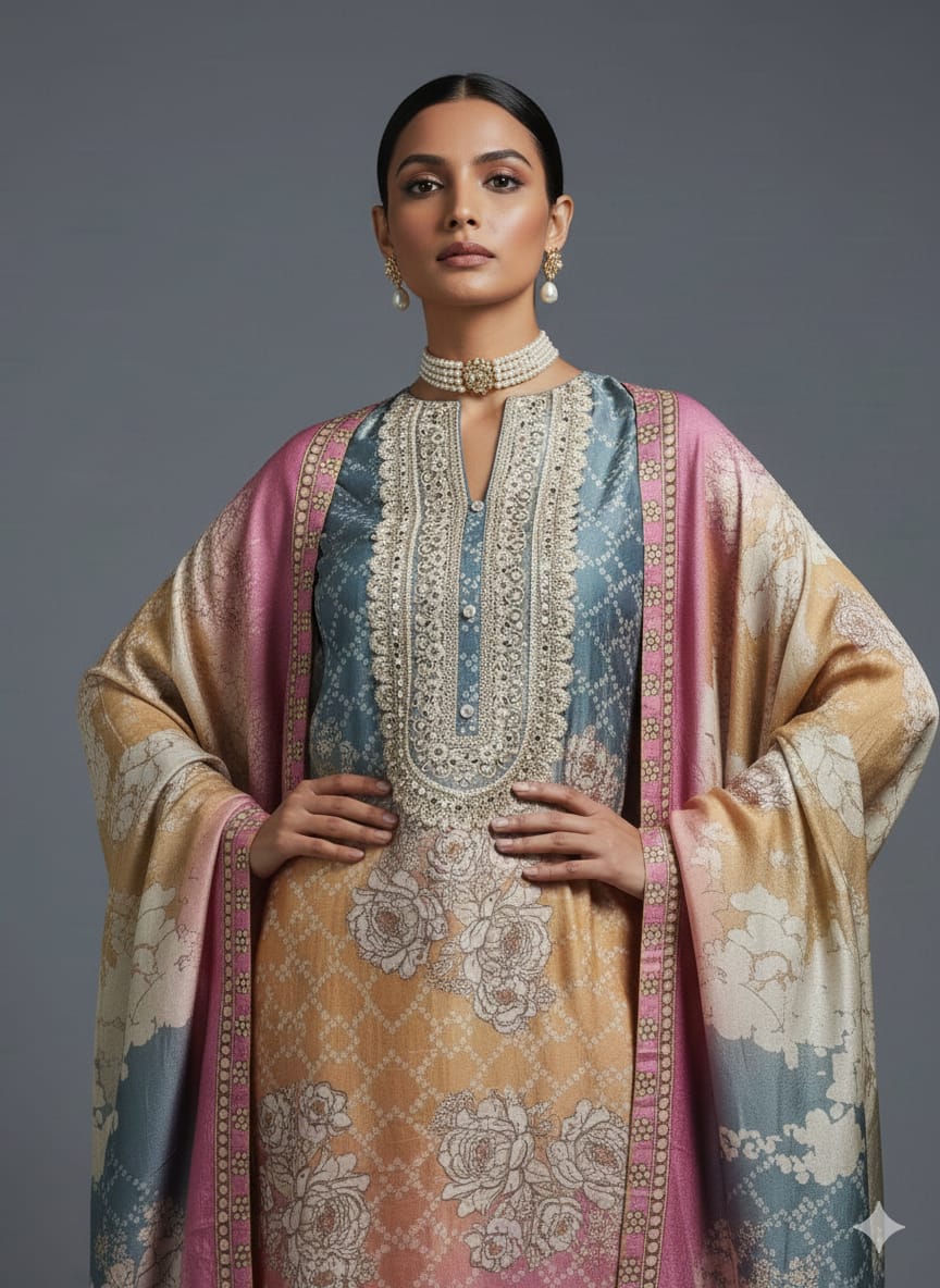 UNSTITCHED 3-PIECE SUIT – SHIMMER MASLIN FESTIVE EDITION