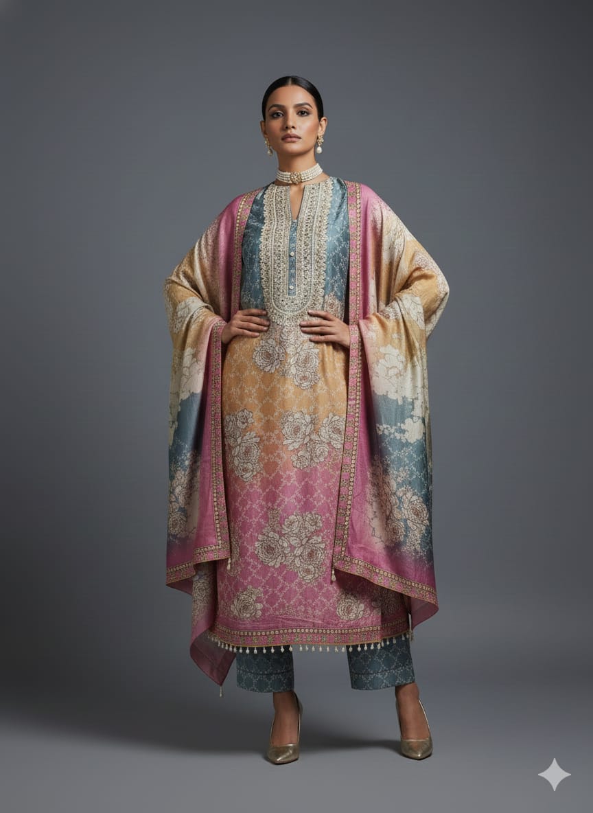 UNSTITCHED 3-PIECE SUIT – SHIMMER MASLIN FESTIVE EDITION