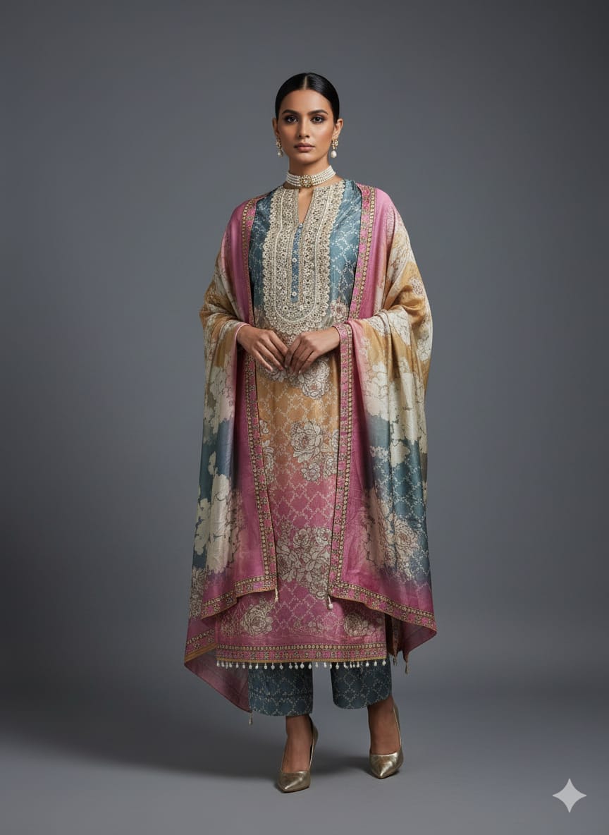 UNSTITCHED 3-PIECE SUIT – SHIMMER MASLIN FESTIVE EDITION