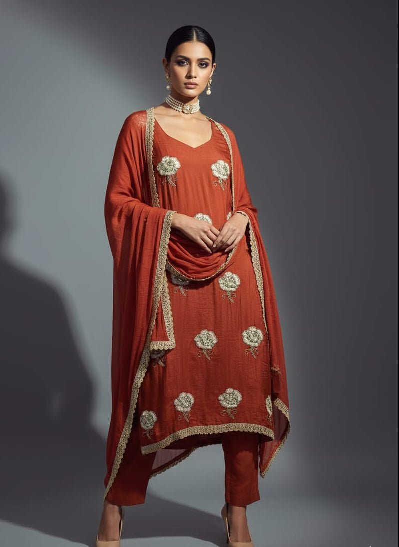 Woman wearing a traditional red outfit with floral patterns on a gray background
