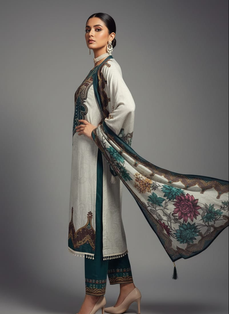 Woman wearing a traditional outfit with Pakistani print a large embroidered dupatta on a gray background