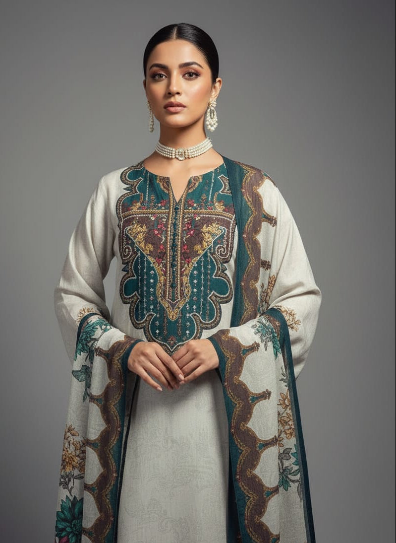 Woman wearing a traditional outfit with Pakistani print a large embroidered dupatta on a gray background