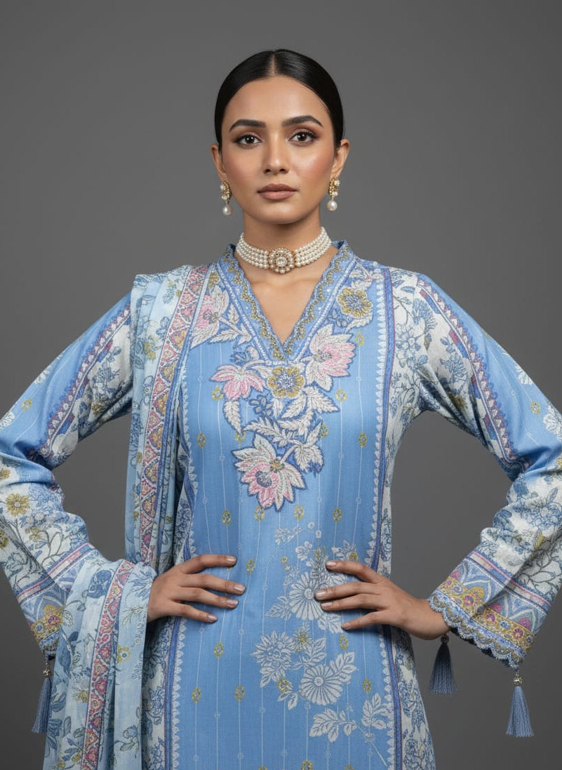 Woman wearing a traditional Pakistani outfit with floral patterns on a gray background