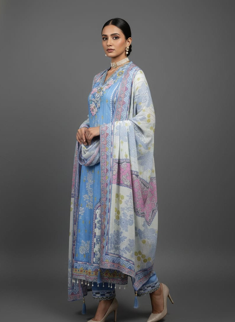 Woman wearing a blue and white floral traditional outfit on a gray background