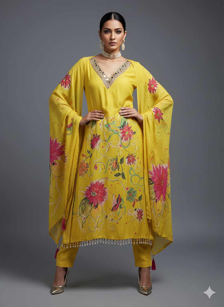 UNSTITCHED LUXURY MASLIN 3-PIECE SUIT – FLORAL DIGITAL PRINT & MIRROR WORK EDITION