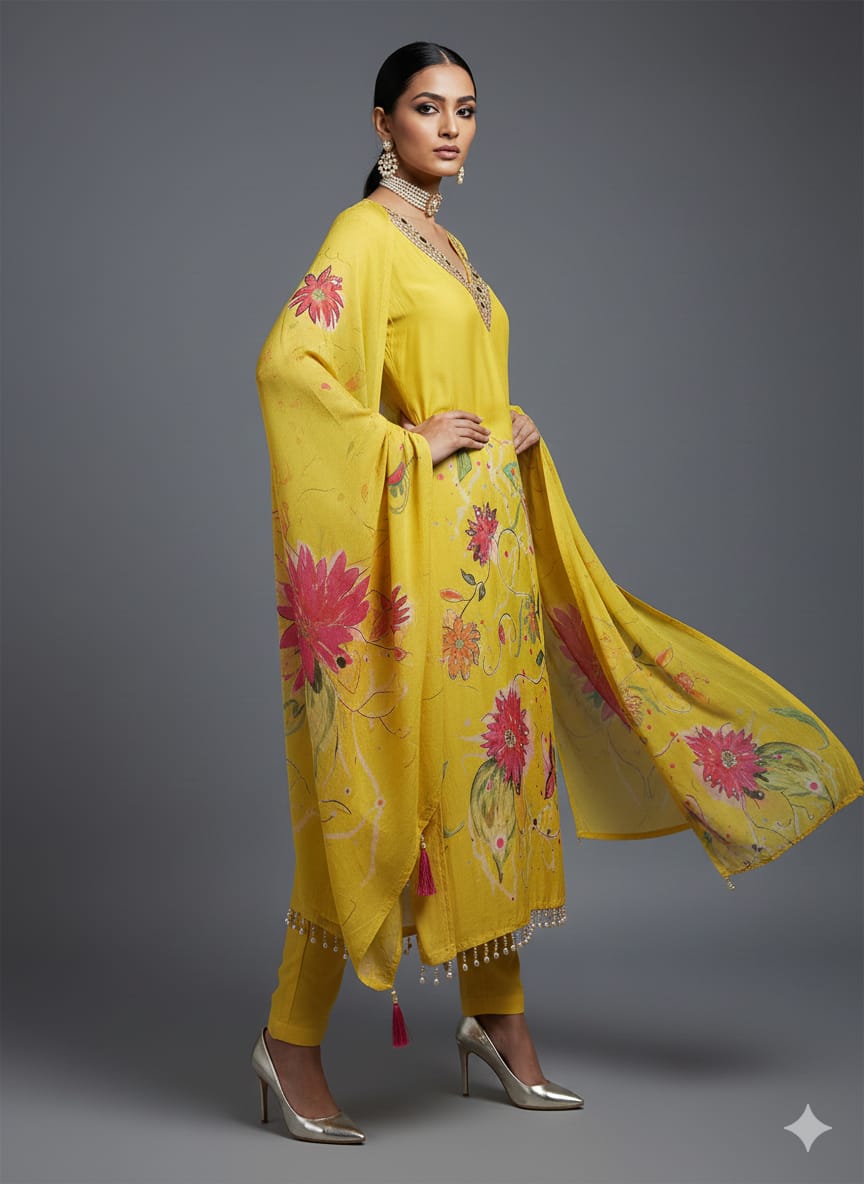 UNSTITCHED LUXURY MASLIN 3-PIECE SUIT – FLORAL DIGITAL PRINT & MIRROR WORK EDITION