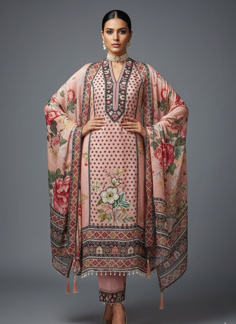 Woman wearing a traditional pakistani pink embroidered outfit on a gray background