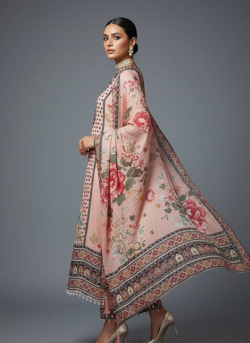 Woman wearing a traditional pakistani pink embroidered outfit on a gray background